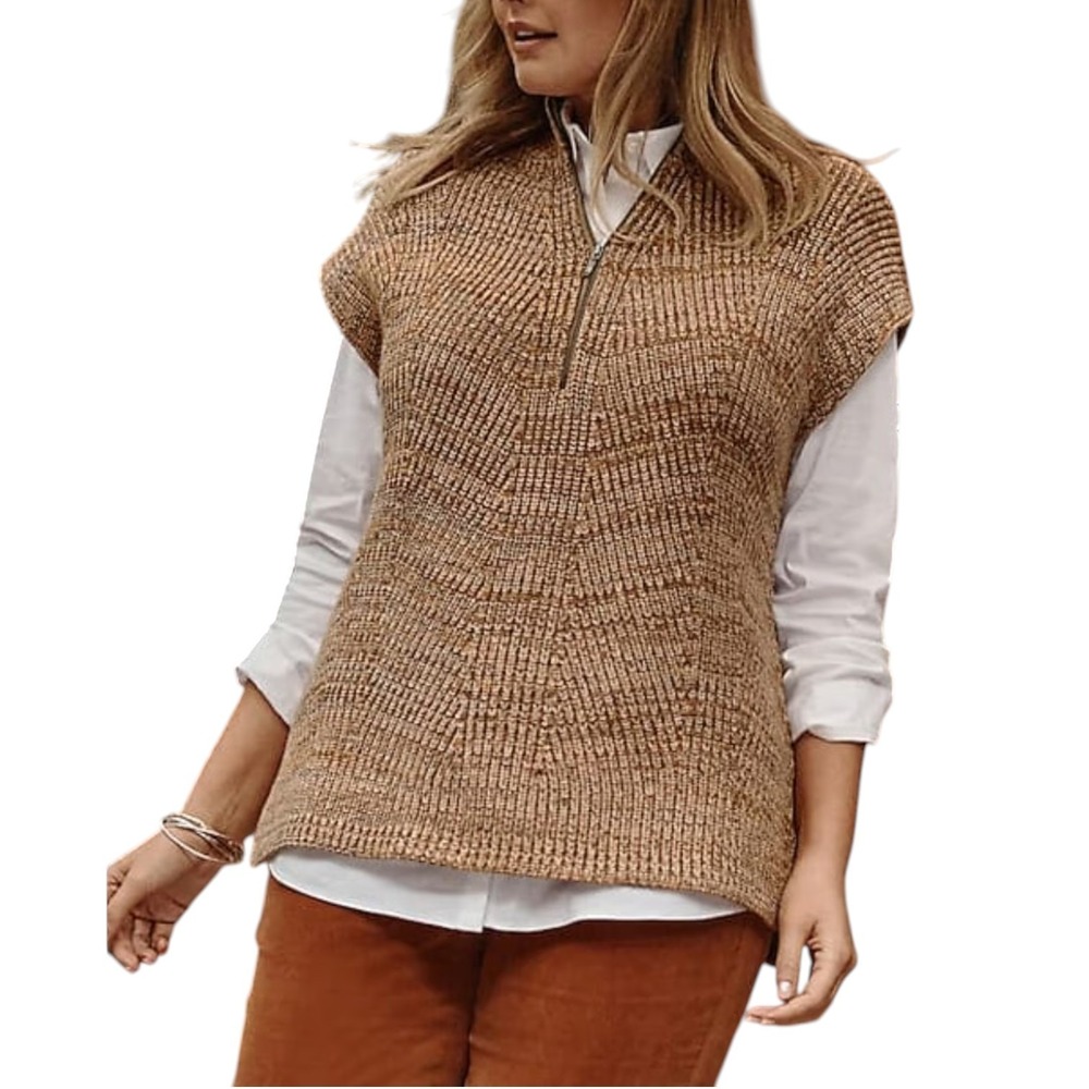 J. Jill Rib Textured Marled‎ Sweater Vest Womens Large Pumpkin Spice 1/2 Zip NEW